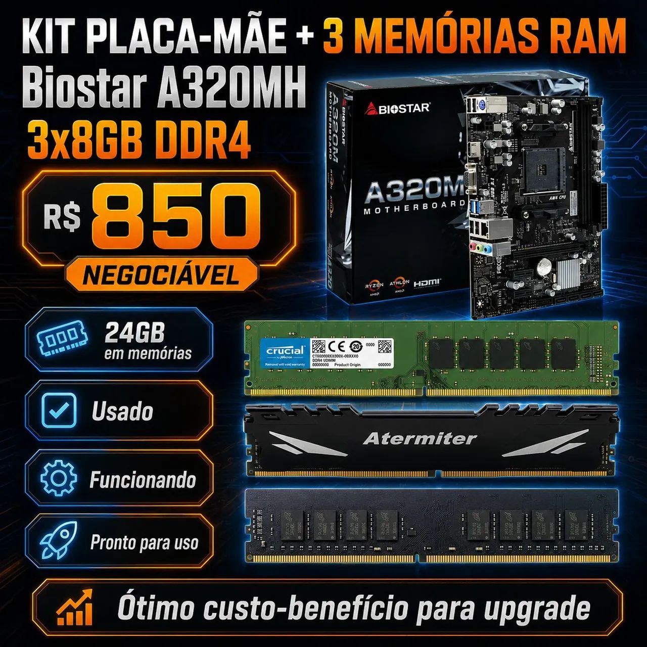 KIT PLACA MÃE + 3 PENTES DE 8GB DE RAM DDR4