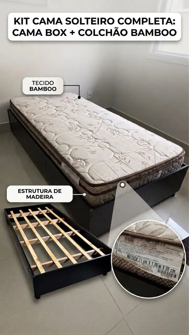Conjunto Cama de Solteiro (Base de Madeira Preta) + Colchão BF Bambu EP TF