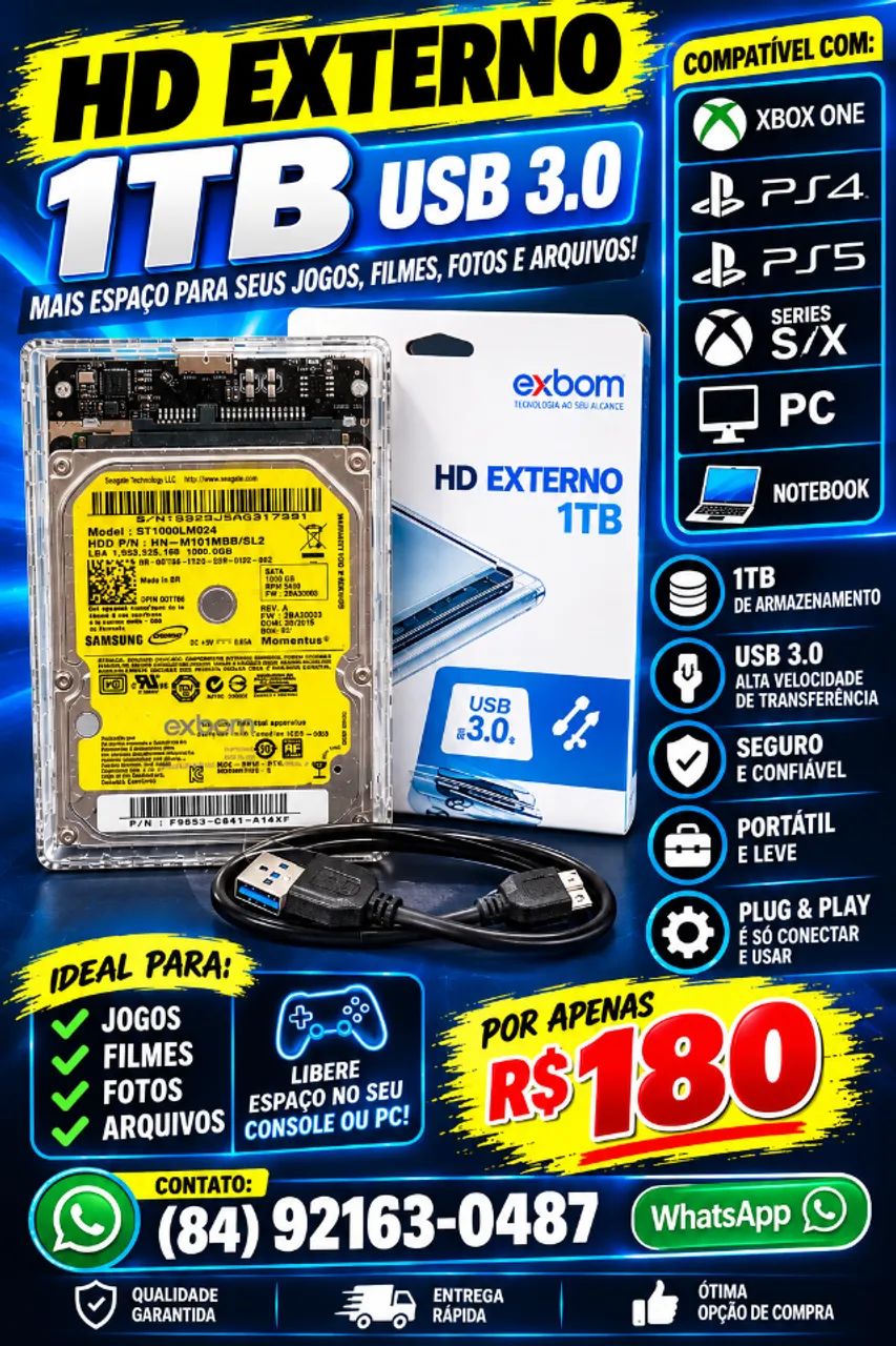 HD Externo 1TB USB 3.0 com Case Transparente para PC, PS4, Xbox, TV e Som