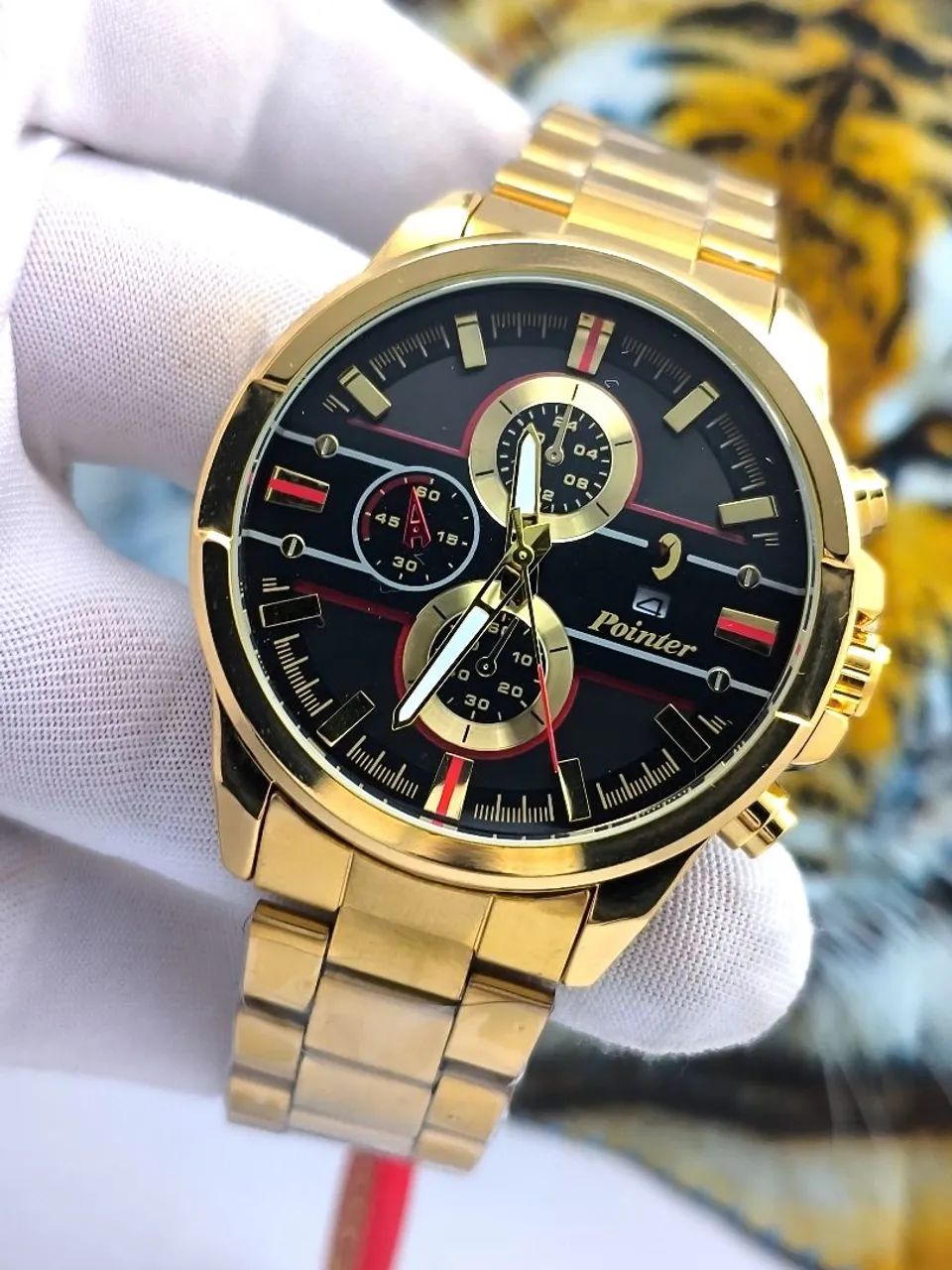 Relógio masculino dourado com data calendário design luxo - Foto 5