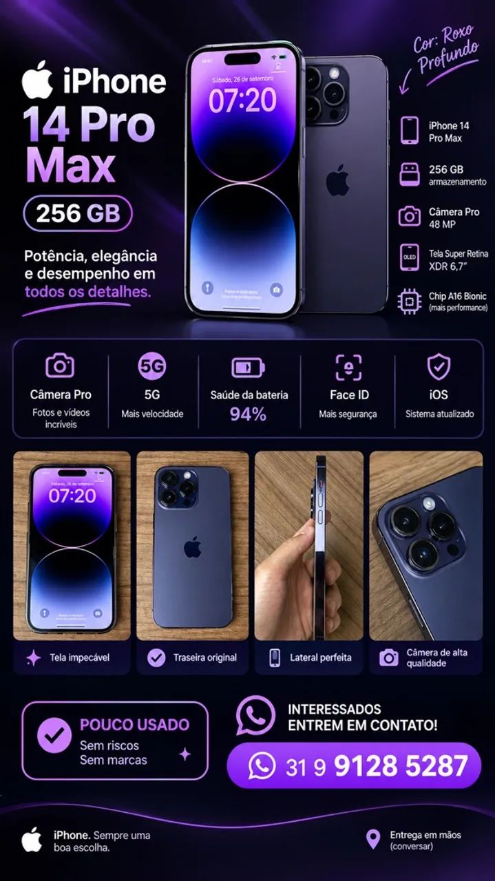 iPhone 14 Pro Max 256GB Roxo 94% Bateria 