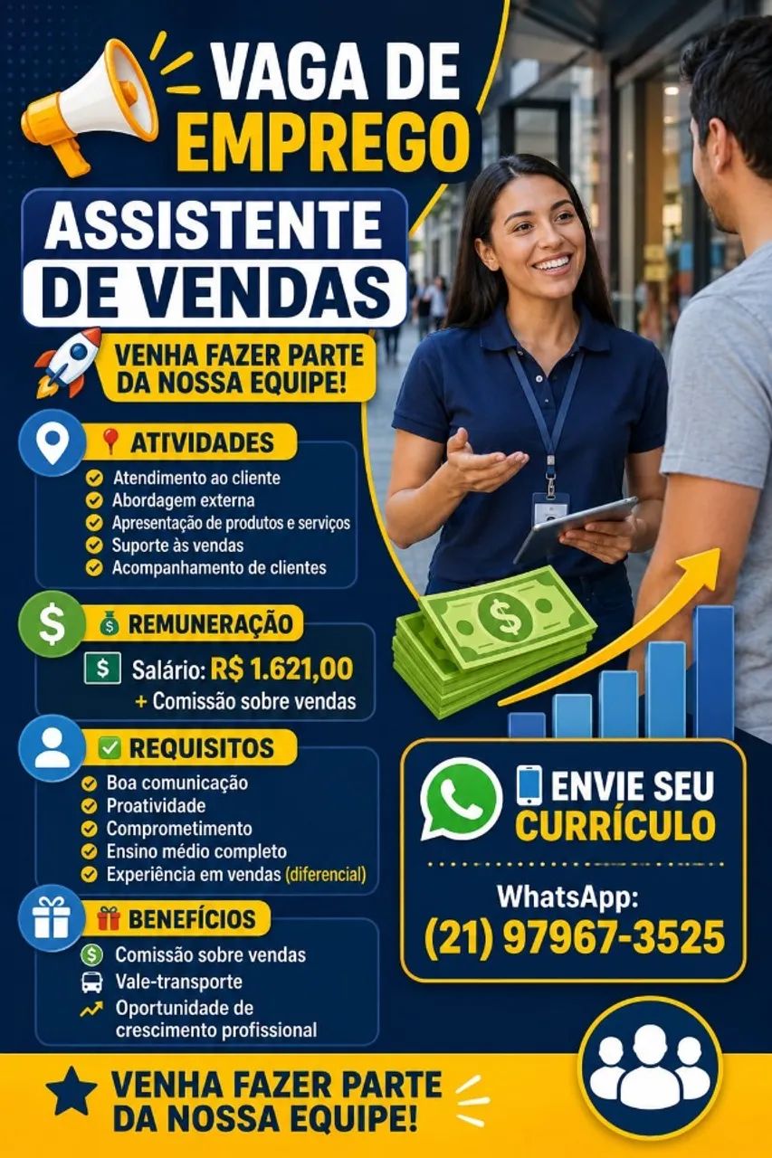 VAGA DE EMPREGO ASSISTENTE DE VENDAS 