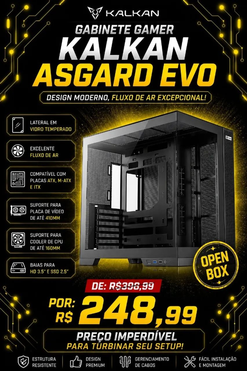 (OPEN BOX)Gabinete Gamer Kalkan Asgard Evo, ATX, Mid Tower, Lateral em Vidro Temperado