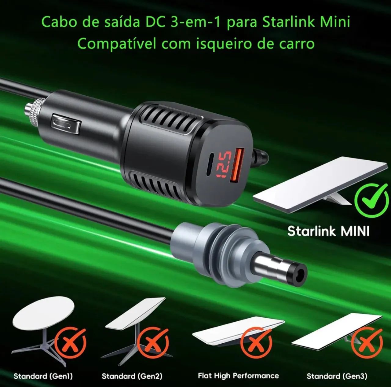 Cabo Carregador Veicular para Starlink Mini - 12V com Saída USB e USB-C - Foto 4