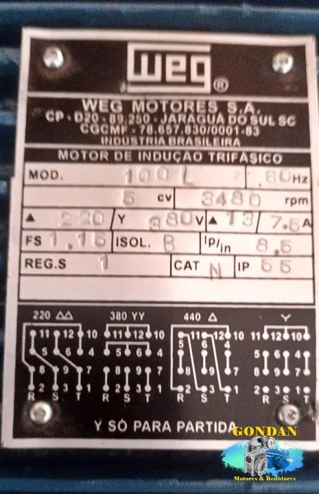 Motor elétrico WEG 5cv (3.7kw) 2 polos 3480RPM trifásico 220v / 380v / 440v    - Foto 2