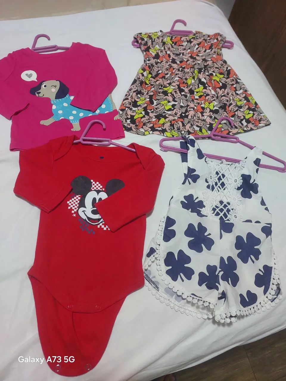 Lot of 4 items: T-shirt, bodysuit, dress, and romper for baby girl, sizes 3M, 6M, 9M, 12M, by Carters, Gap