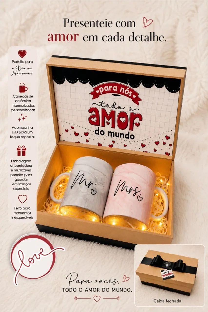 Caixa com 2 canecas personalizada para casais 