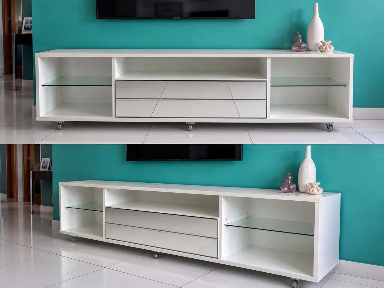 Rack branco para TV com gavetas, vidro e rodízios - Foto 2