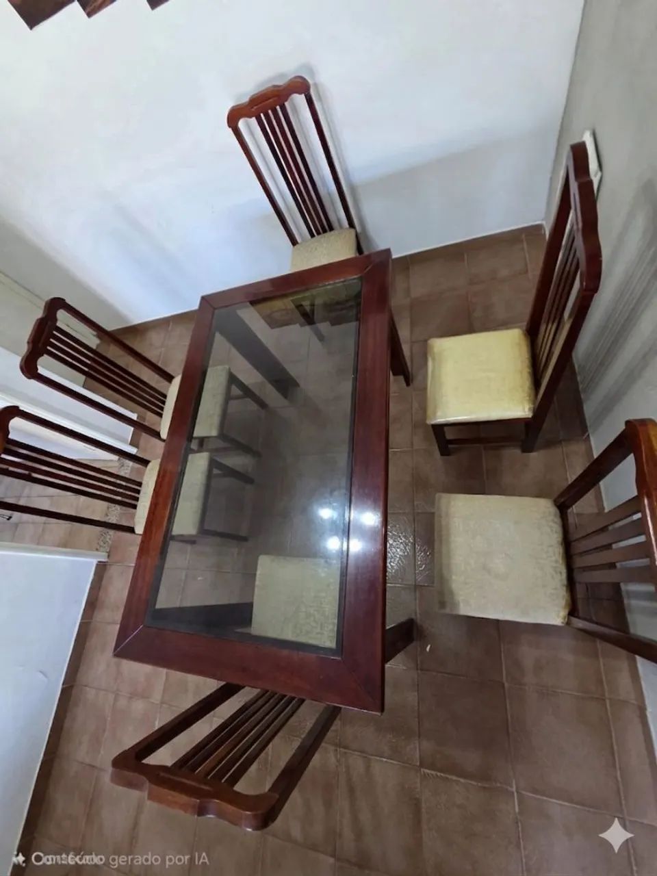 ? Conjunto Mesa de Jantar em Madeira com Tampo de Vidro + 6 Cadeiras