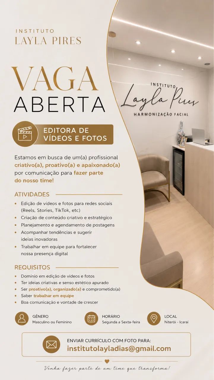 Vaga para editora de vídeos e fotos