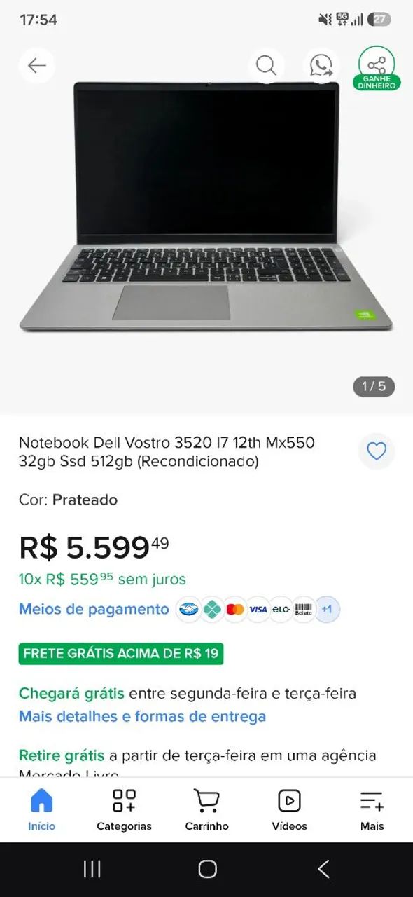 Dell Vostro 3520 i7 12世代 120Hz Dell Vostro 3520 | i7 12ª Geração | 16GB | MX550 | SSD 512GB