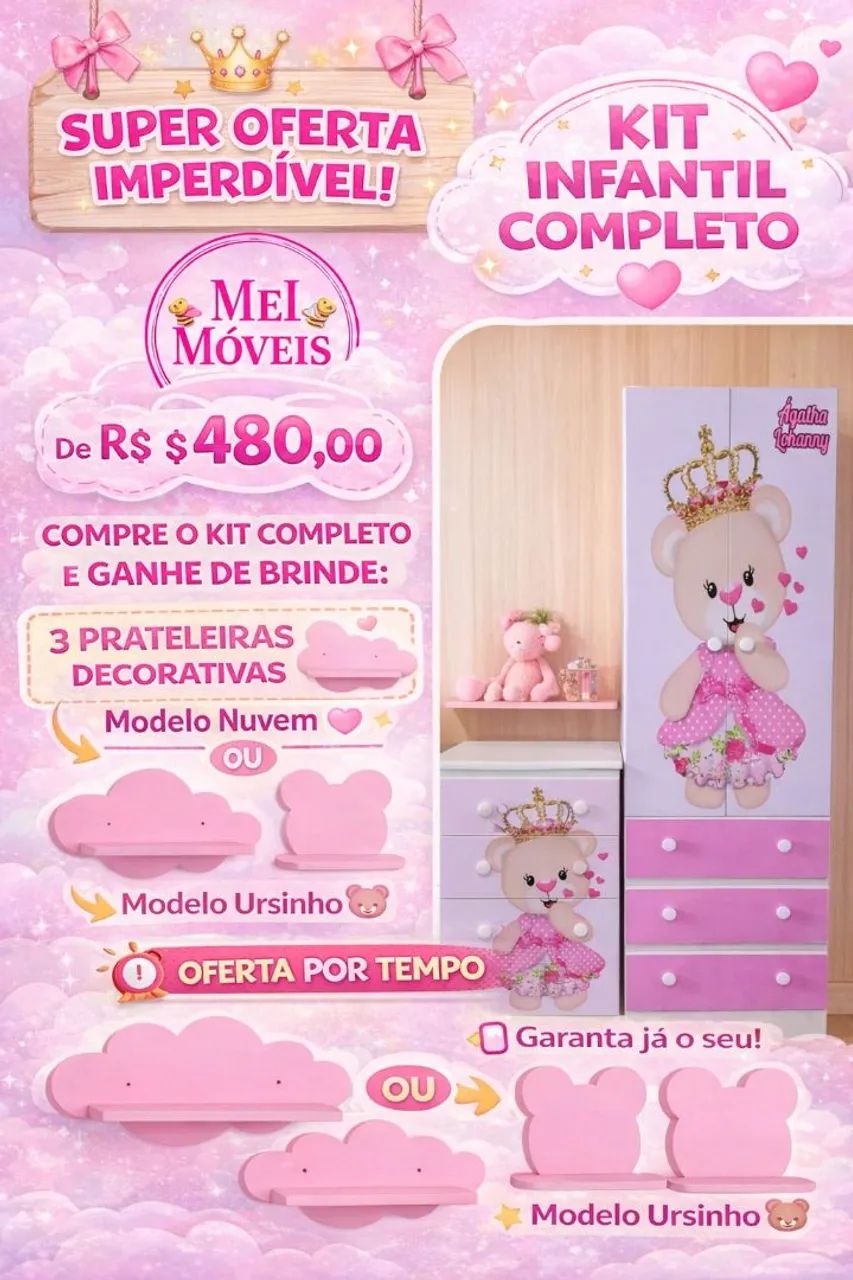 Kit infantil completo personalizado + 3 prateleiras de brinde 