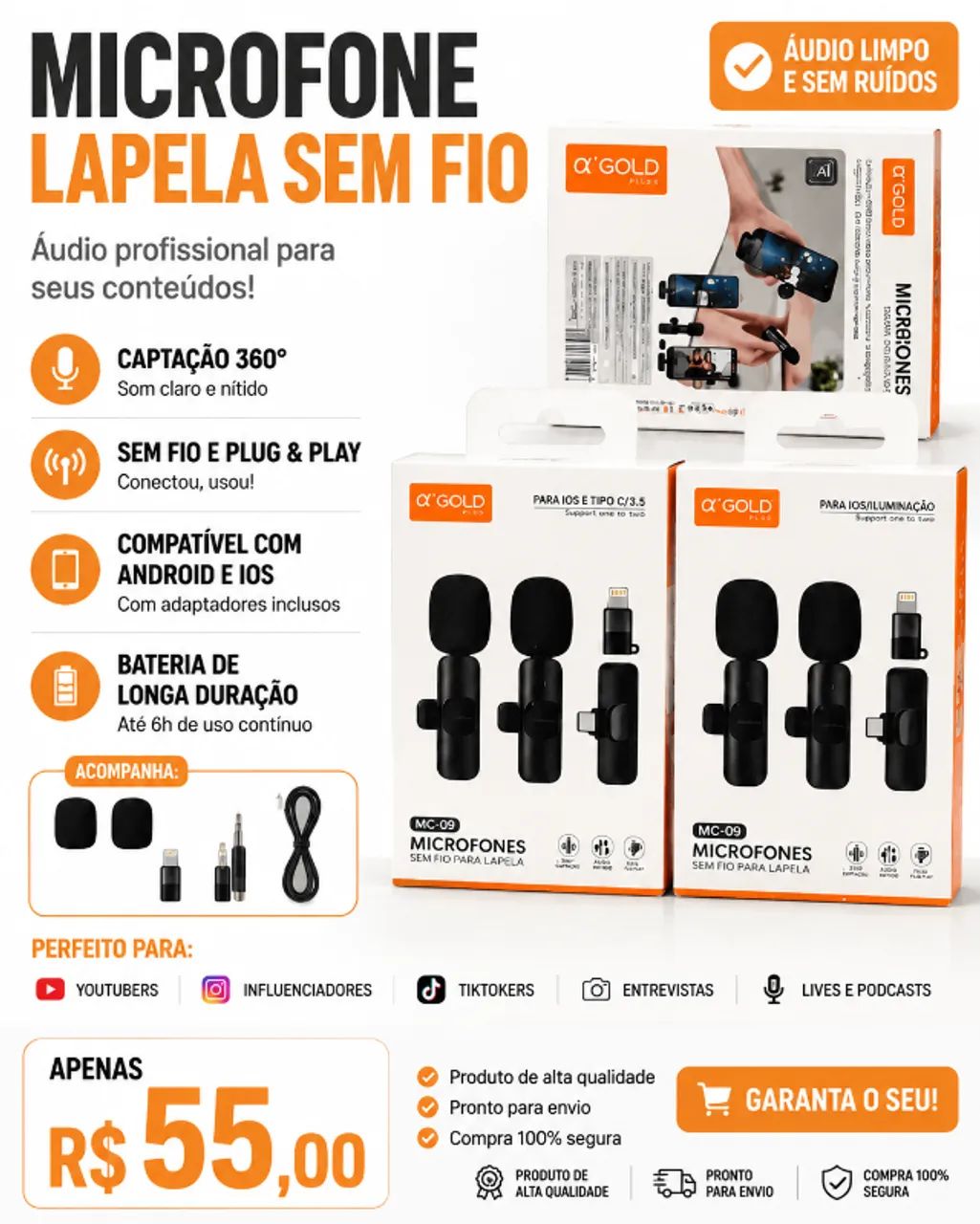 Microfone de Lapela Wireless 360° com Redução de Ruído