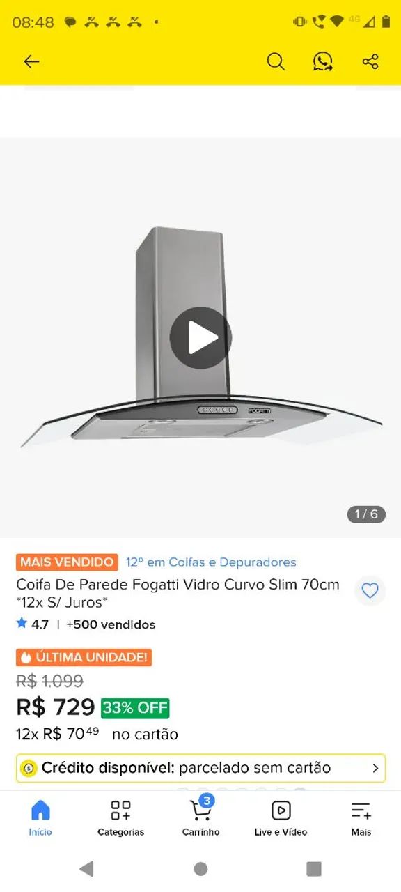 coifa de vidro (sem uso "nova")