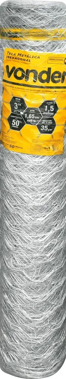 Tela metálica hexagonal, mangueirão, malha 3", 16 BWG x 1,5 m, com 50 m, VONDER