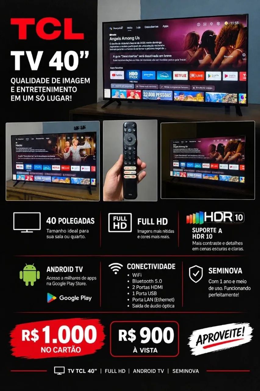 TV 40" TCL. 1 ANO E MEIO DE USO. - Foto 2