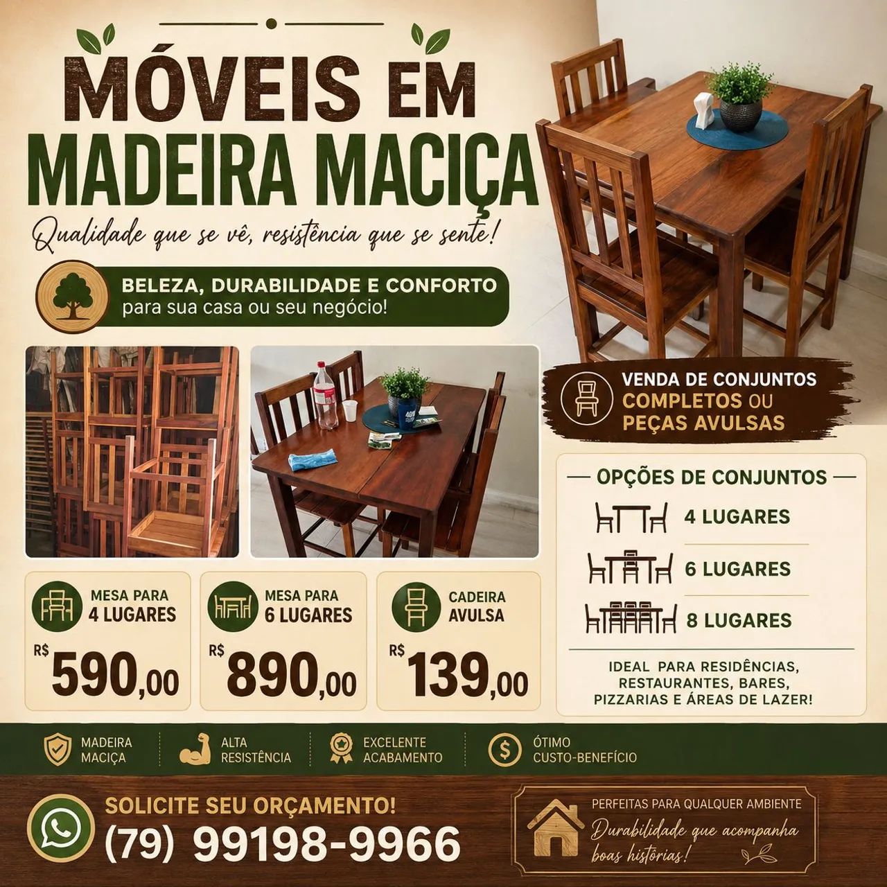 Venda de cadeiras e mesas de maciça
