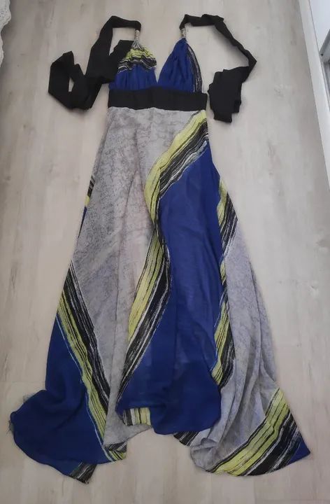 Vestido Longo Estampado Azul e Cinza