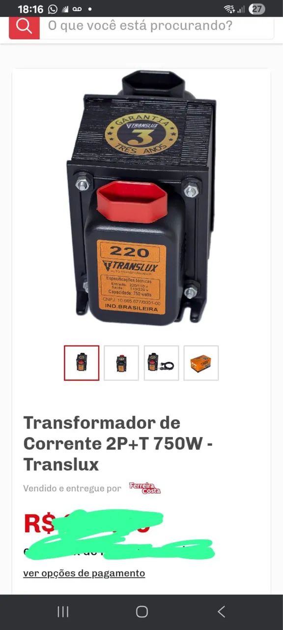 Vendo transformador de corrente 2 P + T 750 W  Transluz