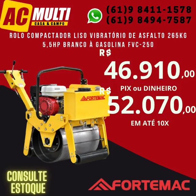 Rolo Compactador Liso Vibratório de Asfalto 265Kg 5,5HP Branco à Gasolina FVC-250