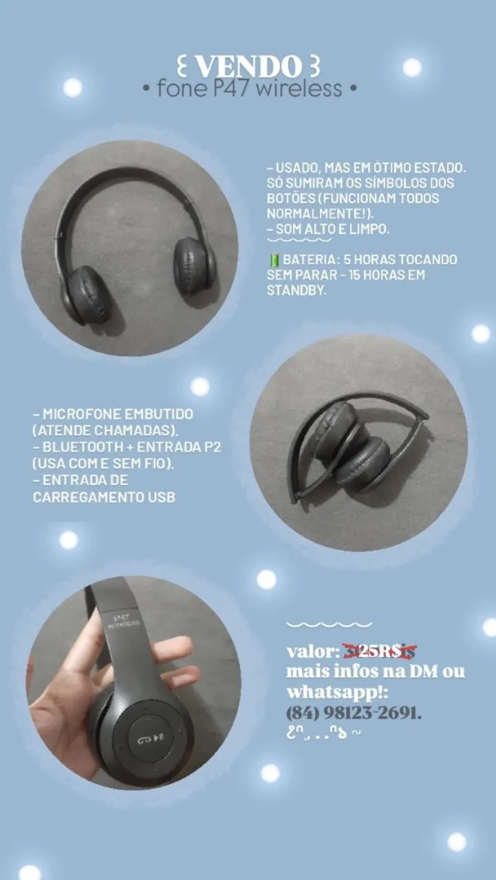 Fone bluetooth P47 Wireless - Ótimo estado!