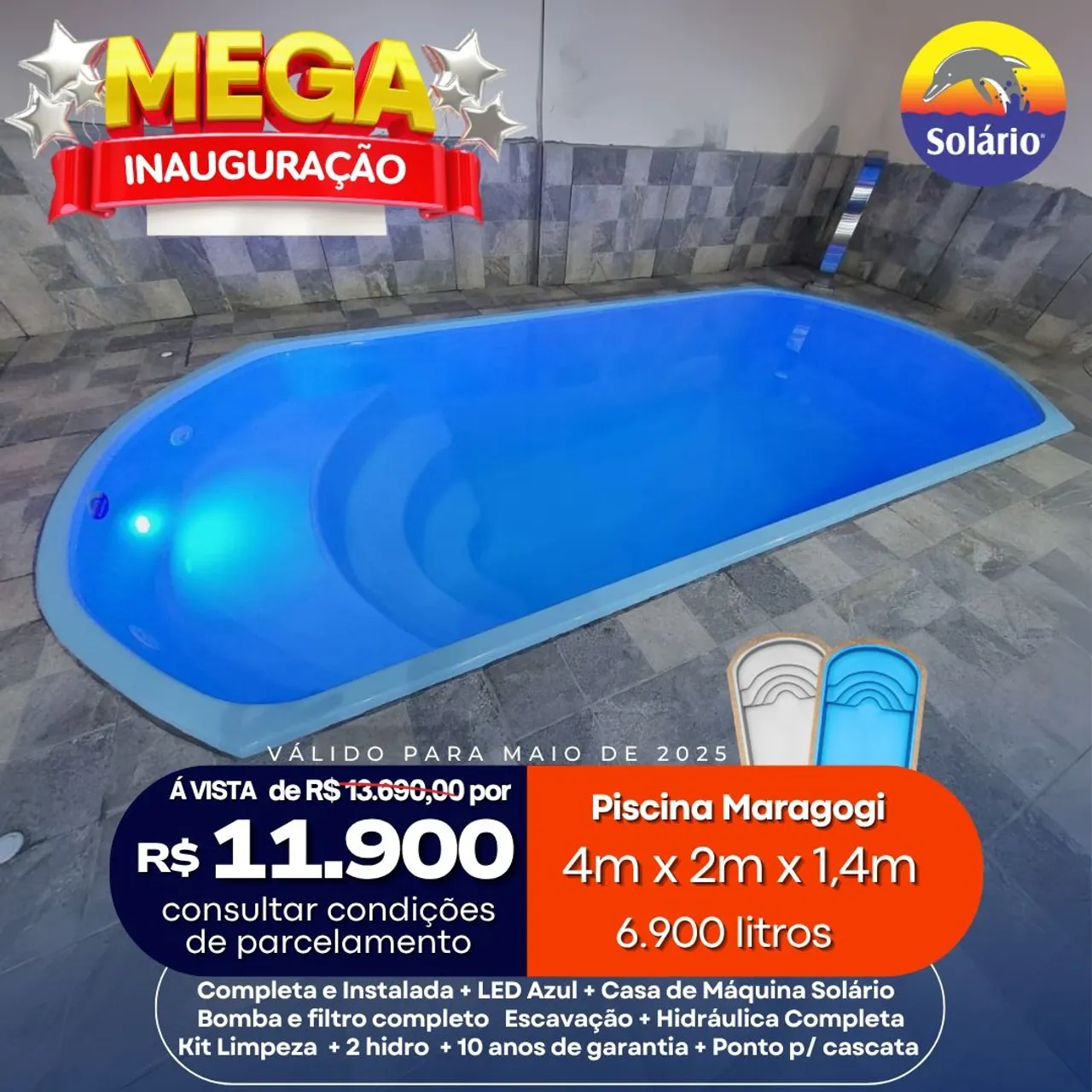 Piscina Maragogi 4m x 2m x 1,4m - Completa e Instalada