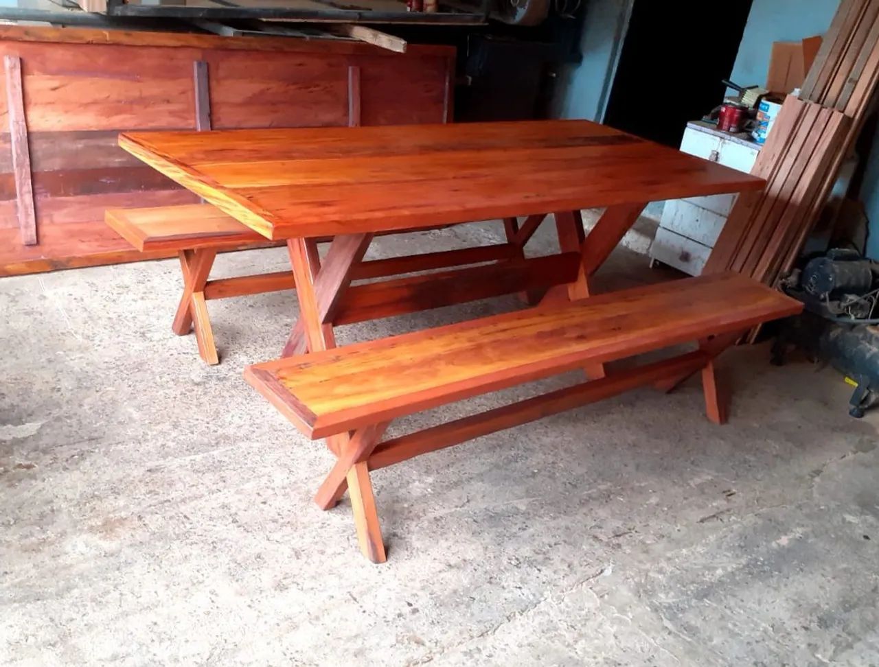 Mesa com bancos 200x90 madeira demolição peroba  - Foto 2