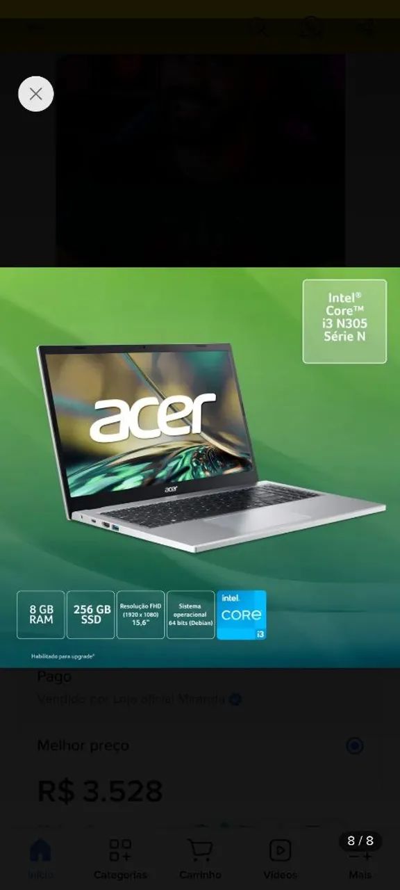 Notebook acer <br>4,8 (1068)<br>Notebook Acer Aspire 3 Intel Core i - Foto 3