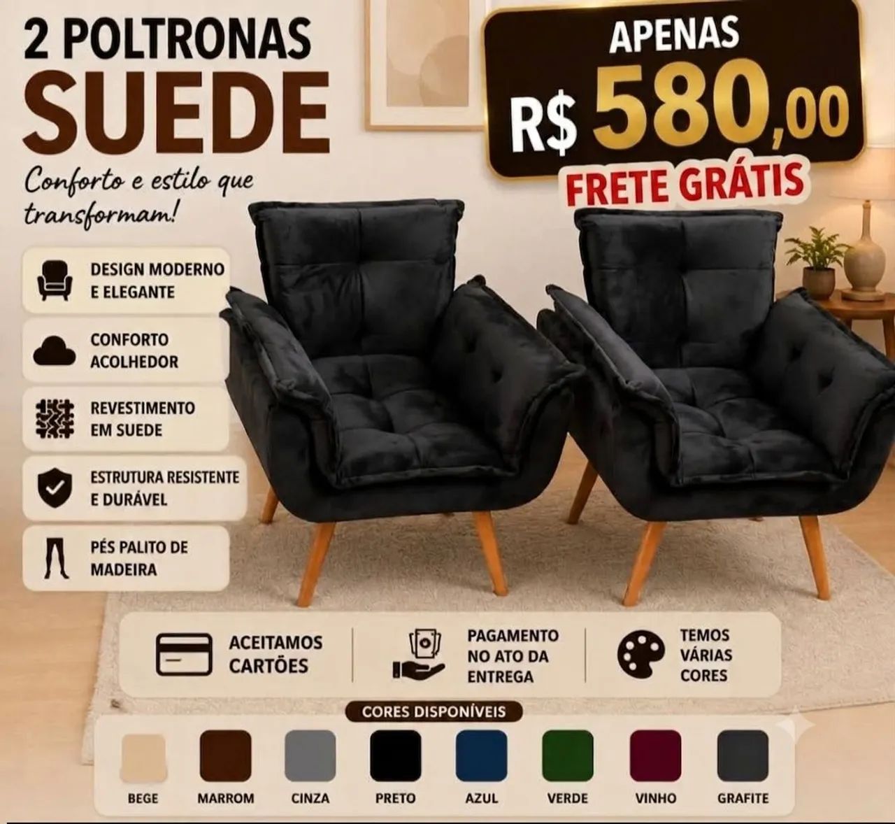 2 poltronas Suede promoção 