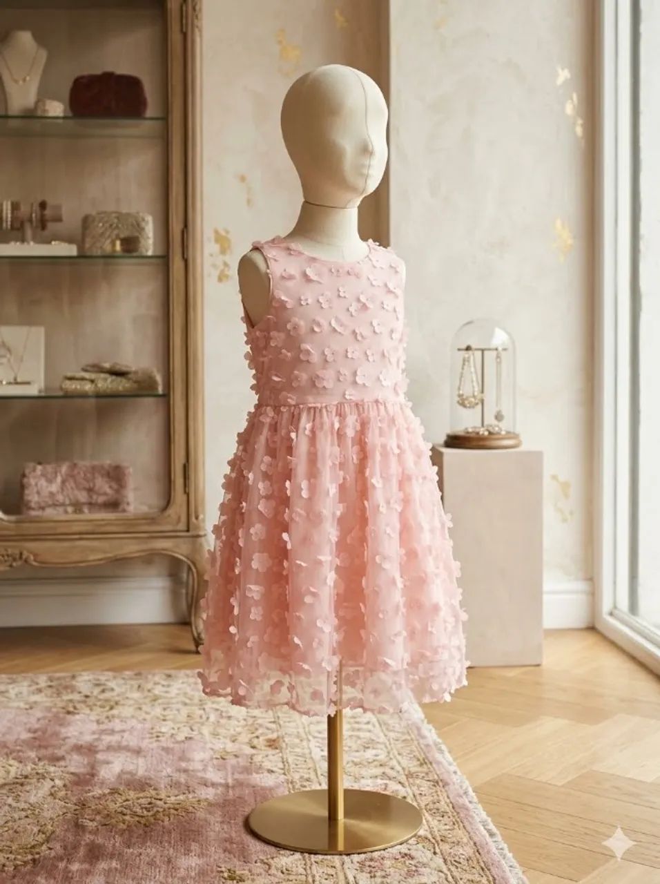 Vestido Infantil Festa Rosa Romântico Floral Luxo - Flores em Alto Relevo 3D - Tam. 8 a 12