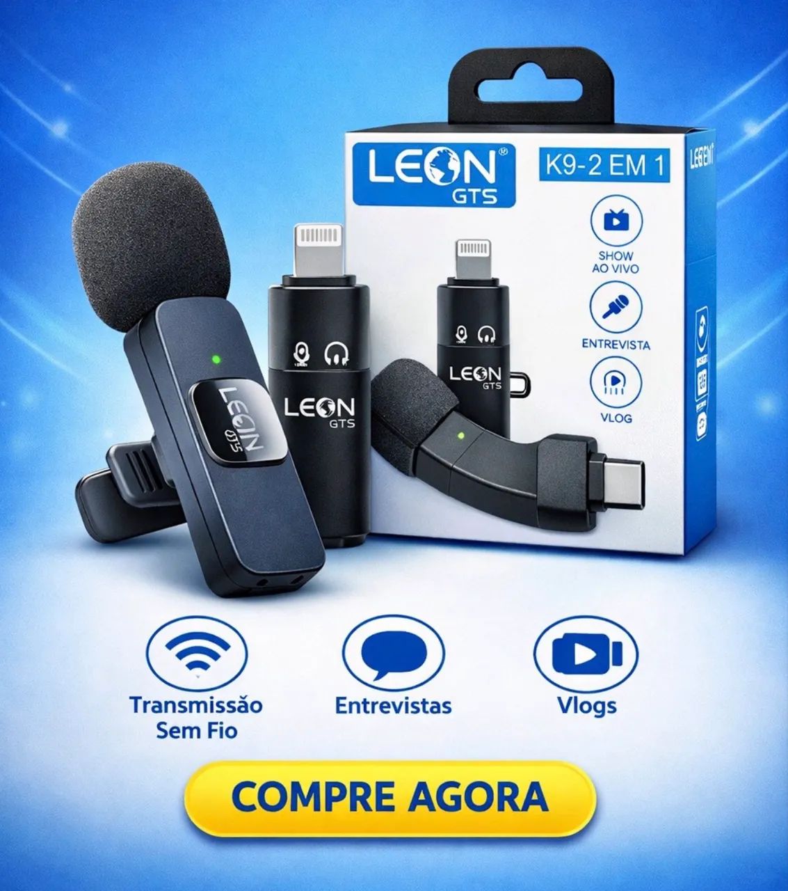? Microfone de Lapela Sem Fio Leon GTS K9 - 2 em 1 (iPhone e USB-C)