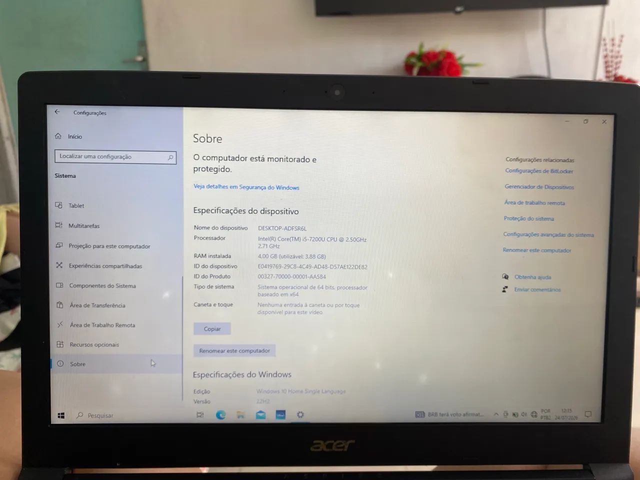    Notebook Acer Aspire i5 7ª Geração | 4GB RAM | 