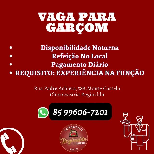 845373528665715 Vaga para Garçom em Fortaleza/CE Ensino Médio Fortaleza Garçom Garçonete  