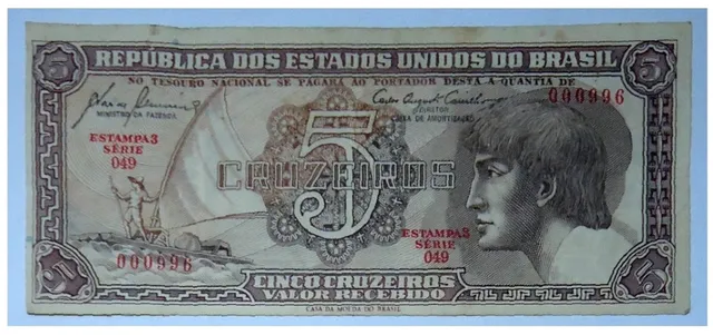 Nota Cédula 5 Cinco Cruzeiros 1961 000996 Índio/Vitória Régia +R$ 15 Envio por Registrado