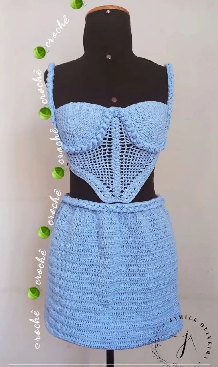 Conjunto Crochê Azul - Top e Saia