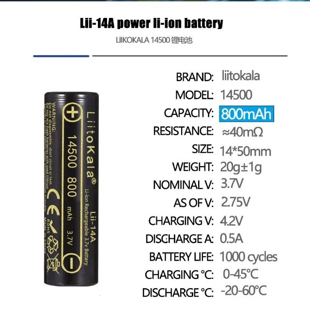 Liitokala 14500 bateria de íon-lítio 3.7v 800mah Célula Recarregável 1000x - Foto 3