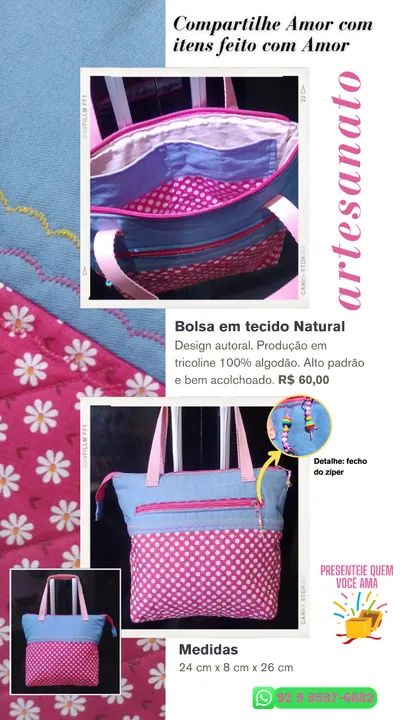 Bolsa Feminina Artesanal 100% algodão