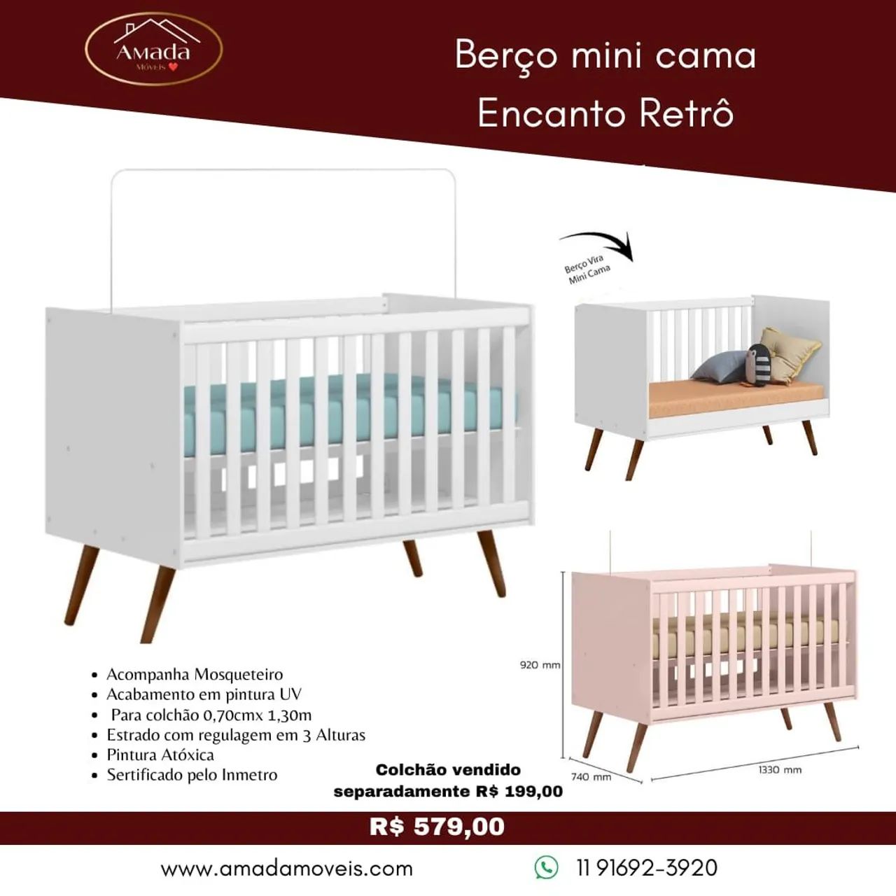 Berço Mini Cama Encanto Retrô - Entrega em 3 dias 