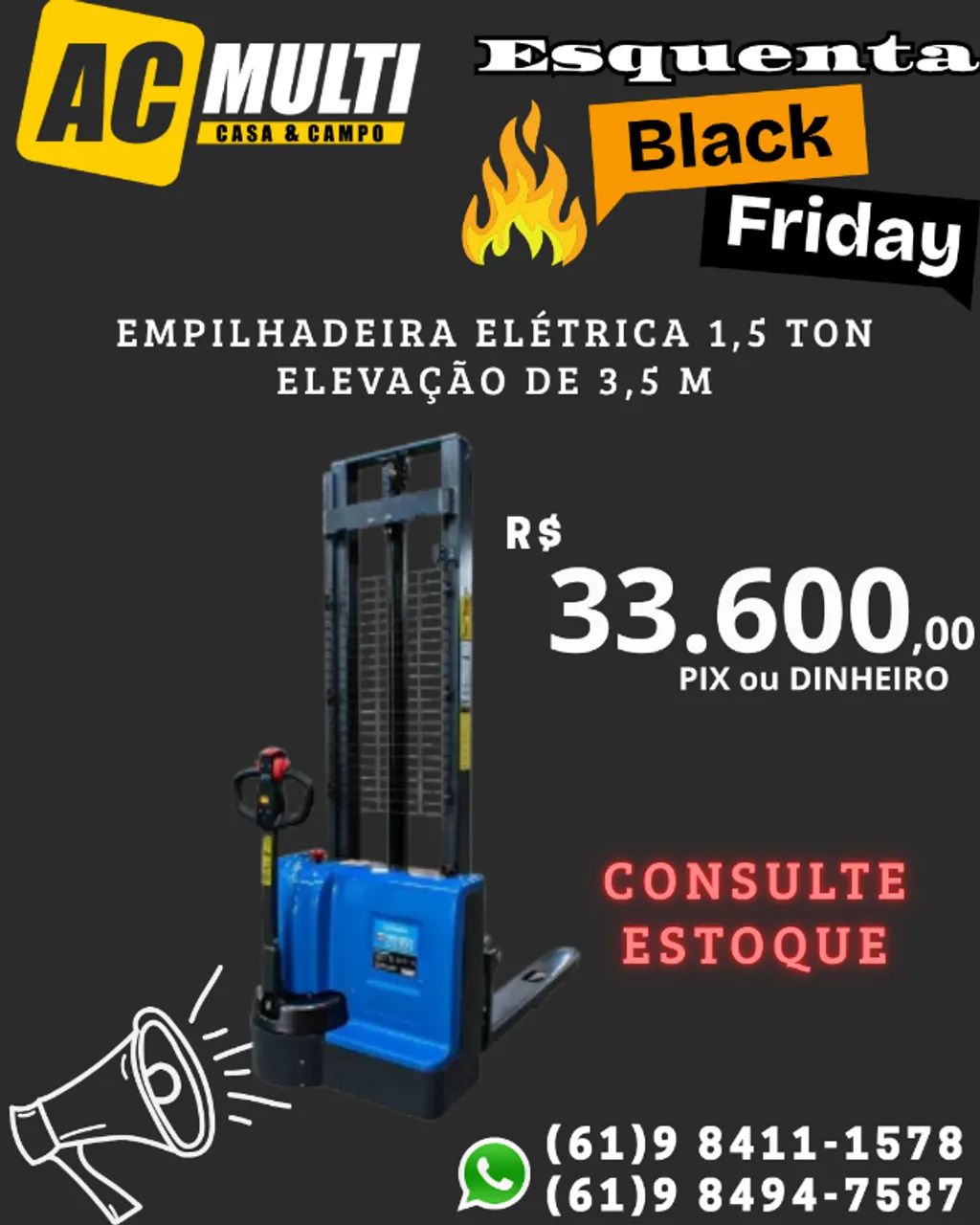 Empilhadeira Elétrica 1,5 TON Elevação de 3,5 m