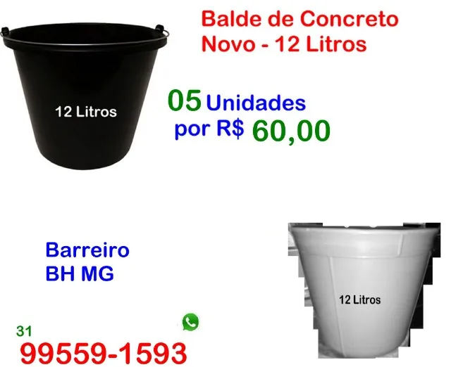 Balde de Plástico 12 Litros Novo 05 unidades Concreto Comercio casa Industria auto super