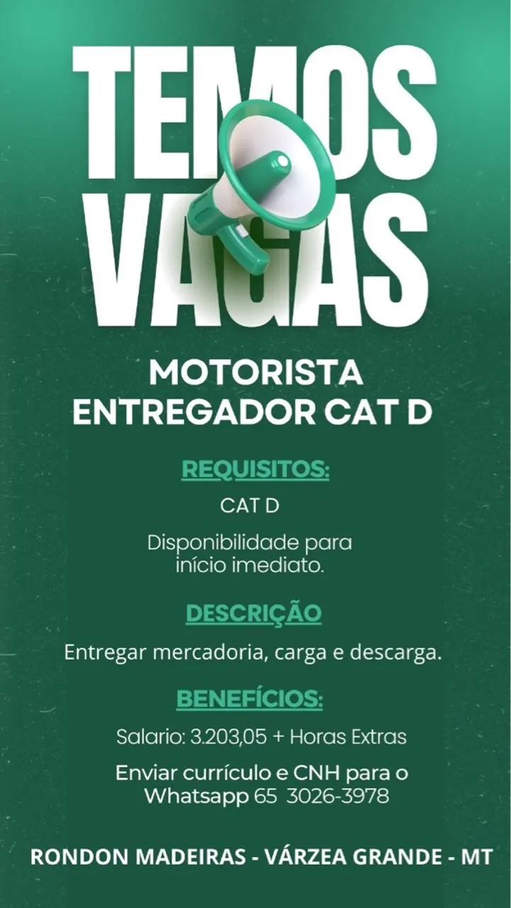 Contrata-se Motorista Cat D 