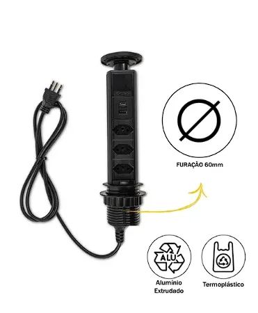 Torre De 3 Tomadas Usb A Usb C Multiplug 20a Retrátil Bivolt Cor Preto - Foto 2