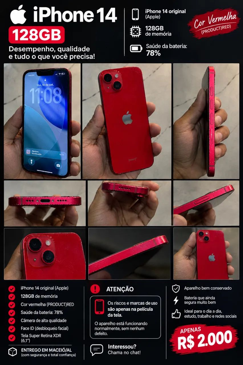 iPhone 14 Vermelho 128gb - Celulares e Smartphones - Serraria