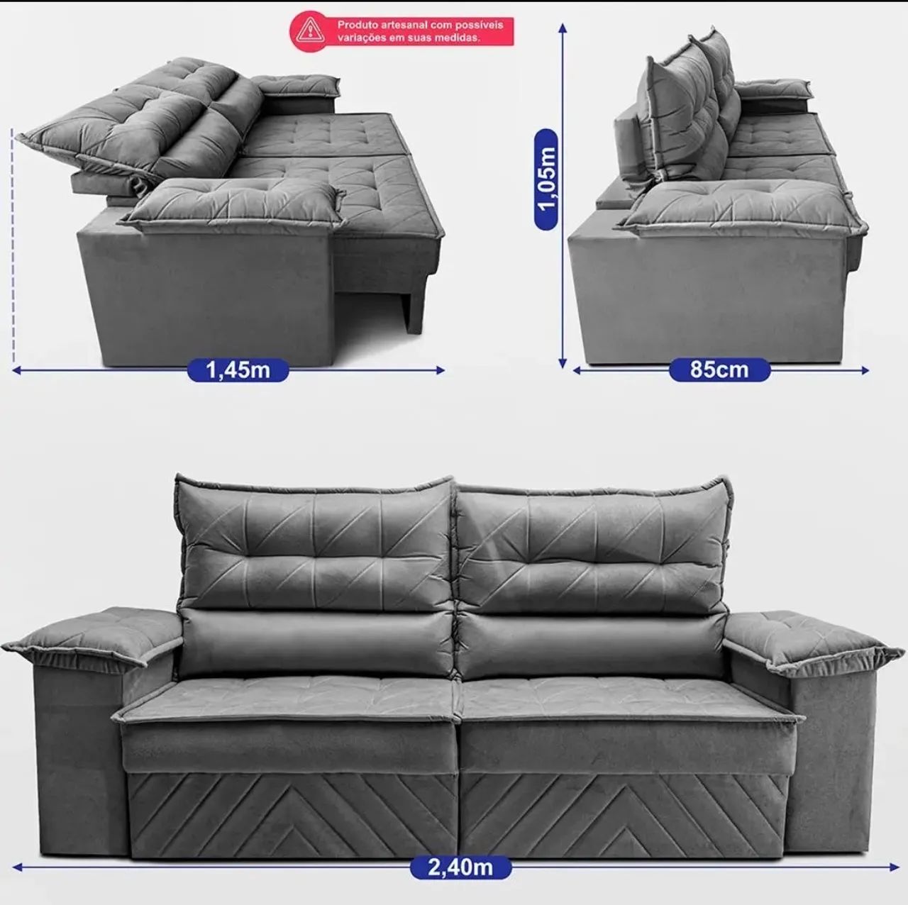Sofá Retrátil 2,40m Molas E Espuma D33 Thunder. Cama Inbox