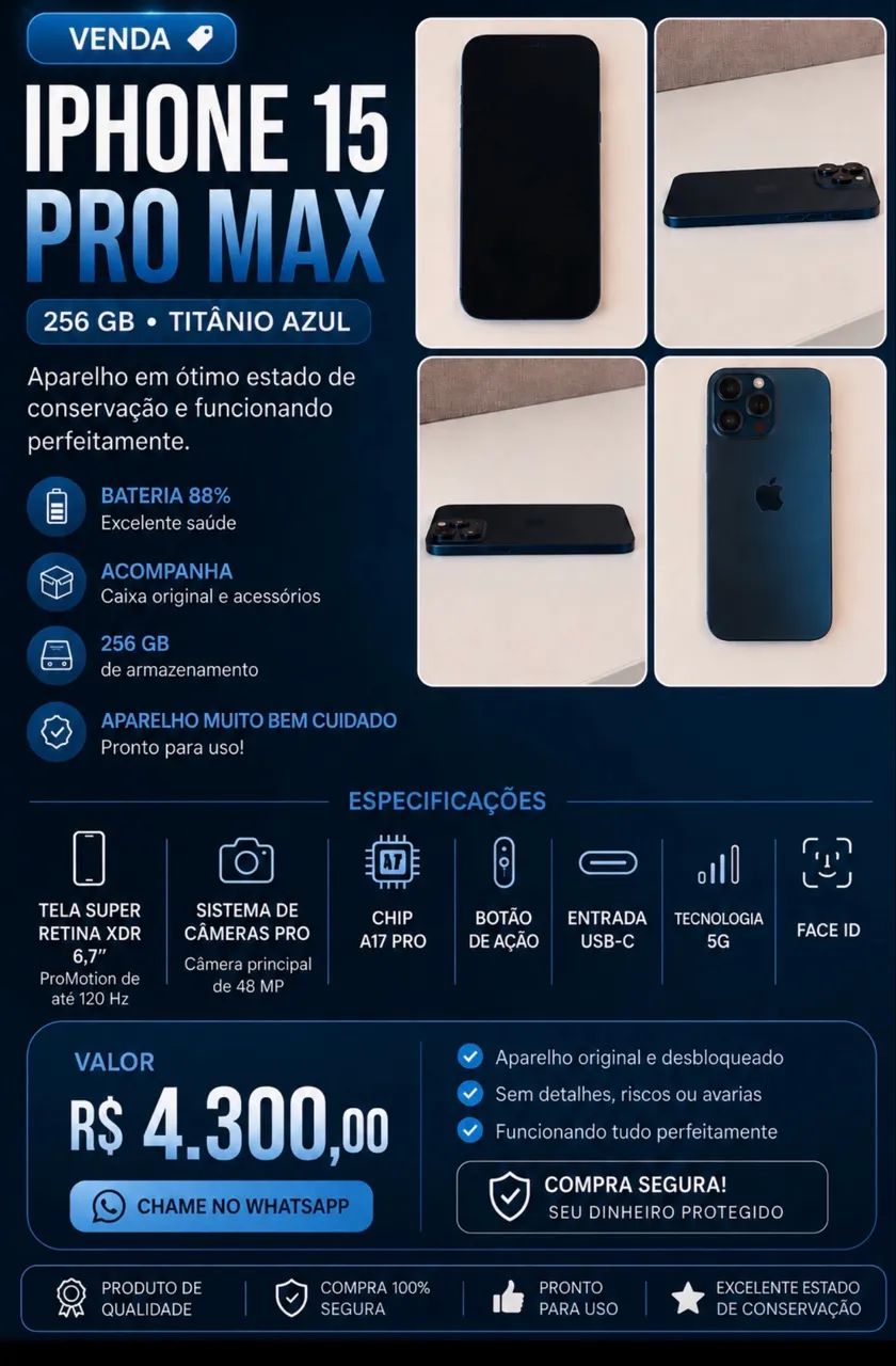iPhone 15 Pro Max 256 GB Titânio Azul - Excelente Estado