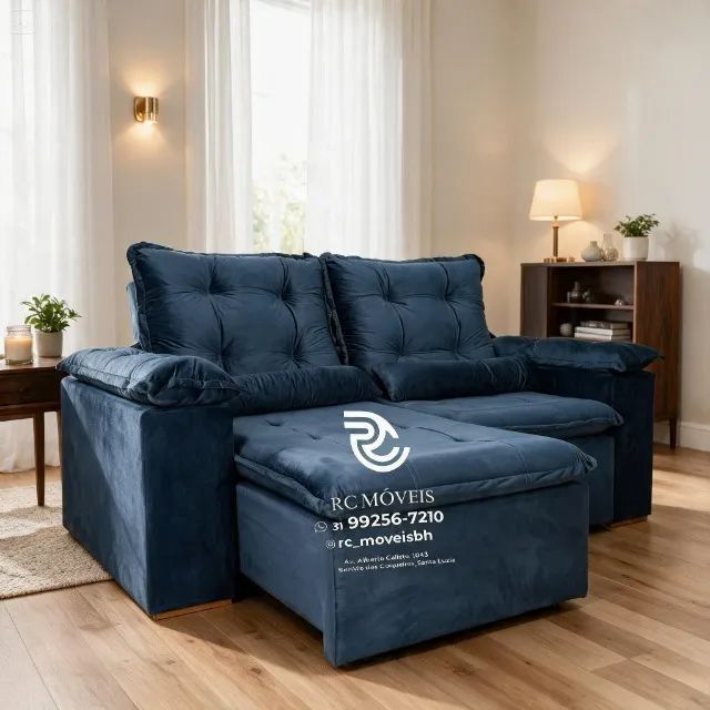 Sofá Retrátil Reclinável 2m Veludo Cinza Claro Pillow 16cm Premium - Foto 2