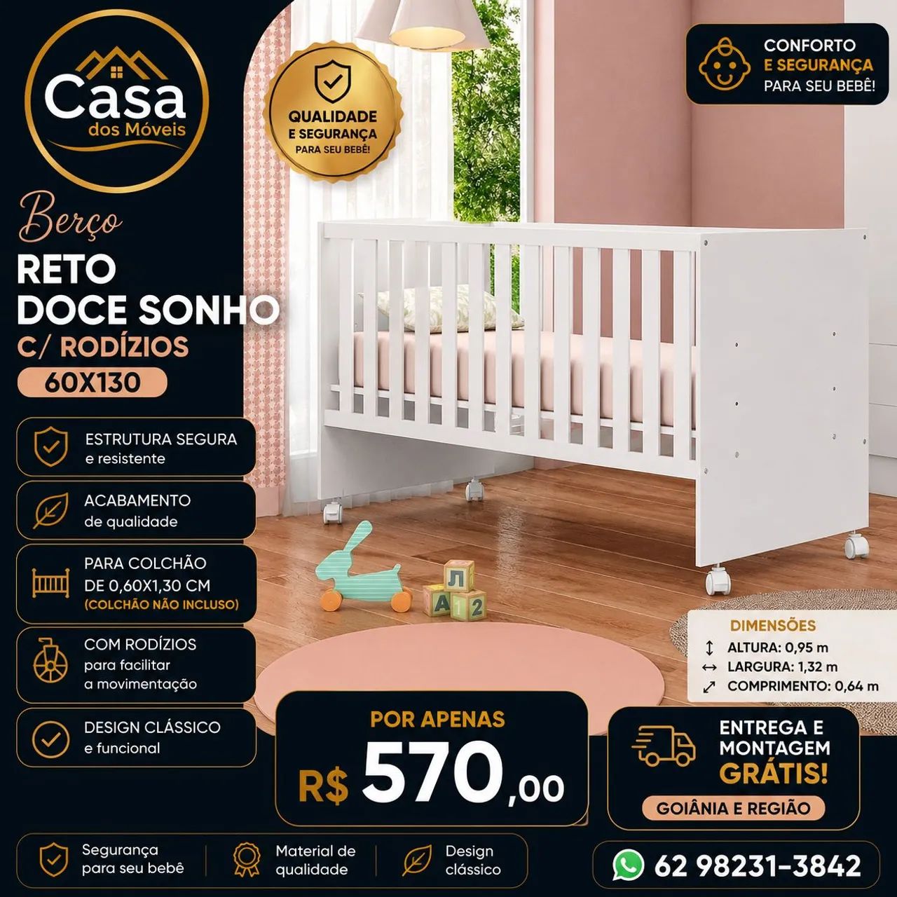 Berco Reto Doce Sonho 60x130 C/ Rod 