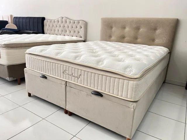 Cama Box com Baú Queen Colchão Molas Ensacadas Pillow Top Macio Marca Sankonfort, Nova!
