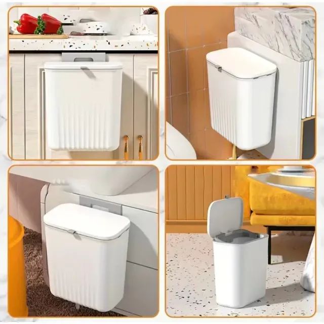 Lixeira Suspensa Multiuso 9L Com Tampa Retrátil Sem Furo Porta Armário Para Cozinha Banhei - Foto 2