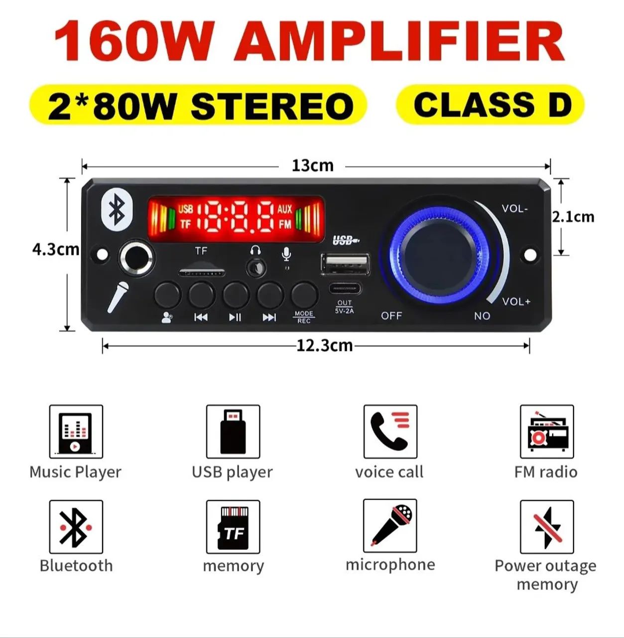 Placa Amplificadora de Áudio 2x80W DC 8V-24V com Controle Remoto e Bluetooth  - Foto 2